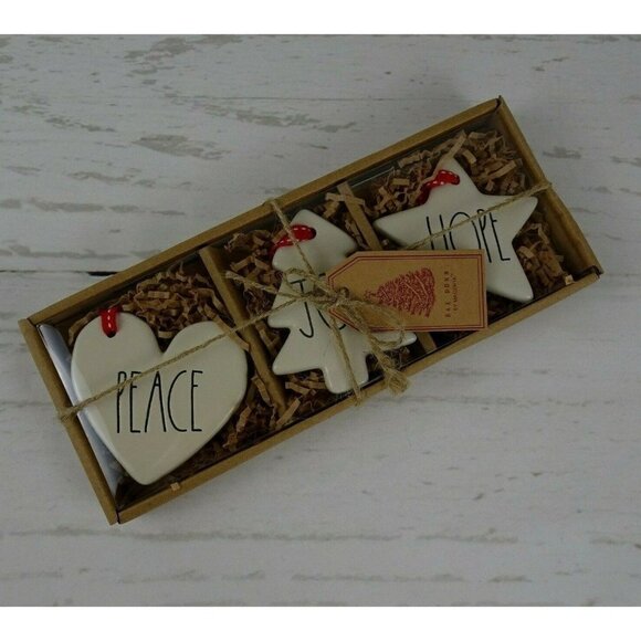 New Rae Dunn 3-PC Christmas Ornaments Ceramic Peace Joy Hope Tree Heart Star Set - Picture 1 of 11